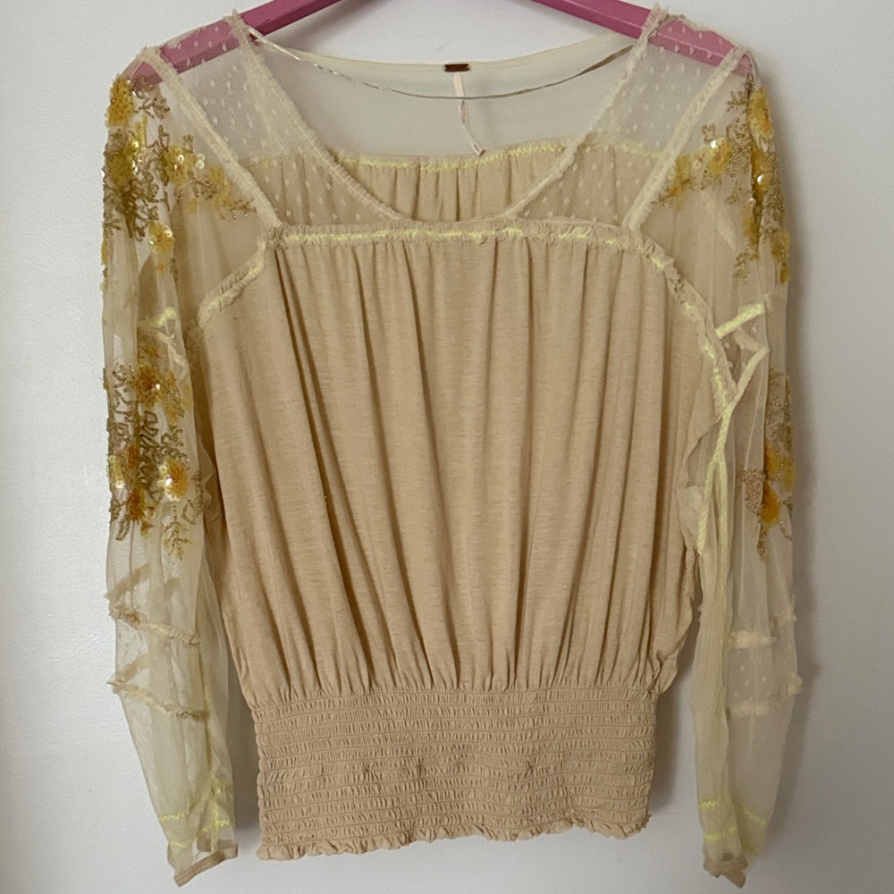 Free People Sheer Embroidered Sleeve Cream Blouse